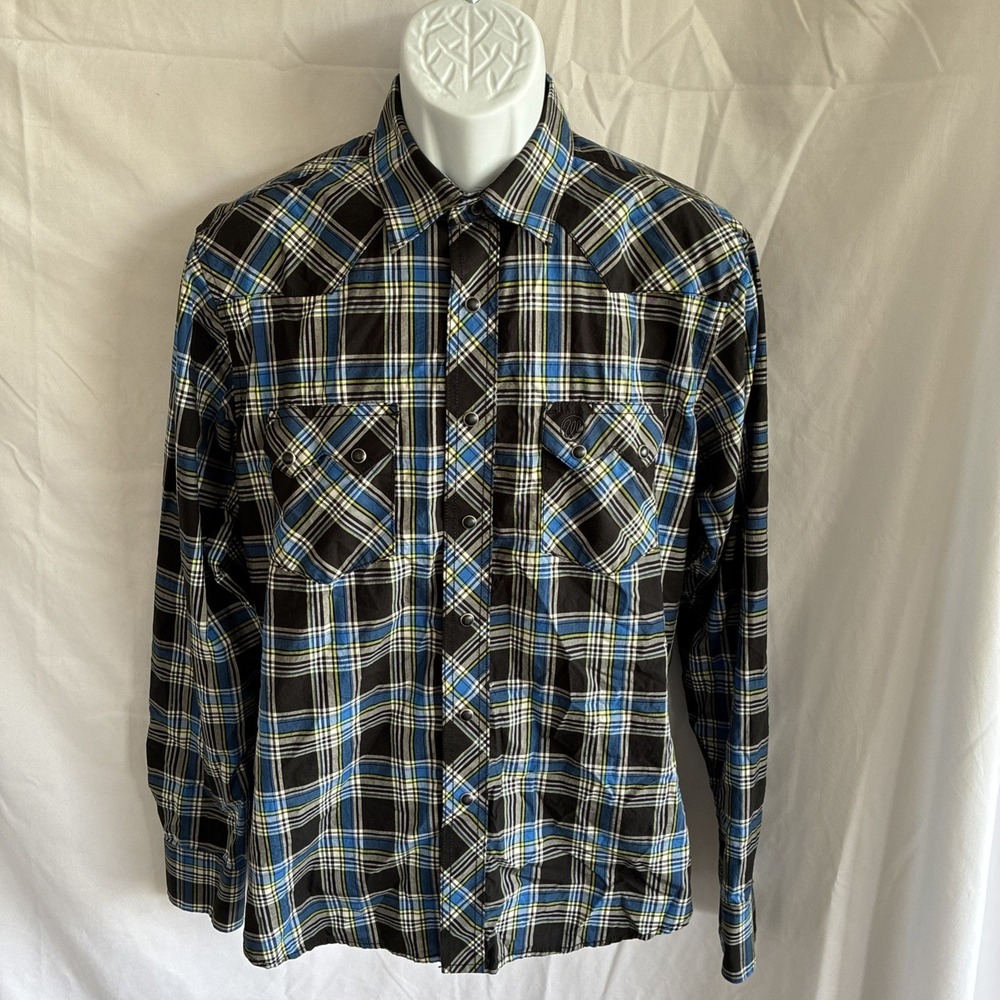 Men's Medium Shirt Wrangler Retro Western Pearl Snap Black Blue Yellow Plaid